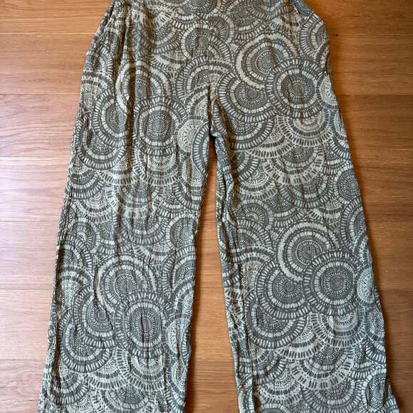 Three Dots Green Circle Tile Print Wide Leg Smocked Waist Boho Pants - Picture 2 of 5